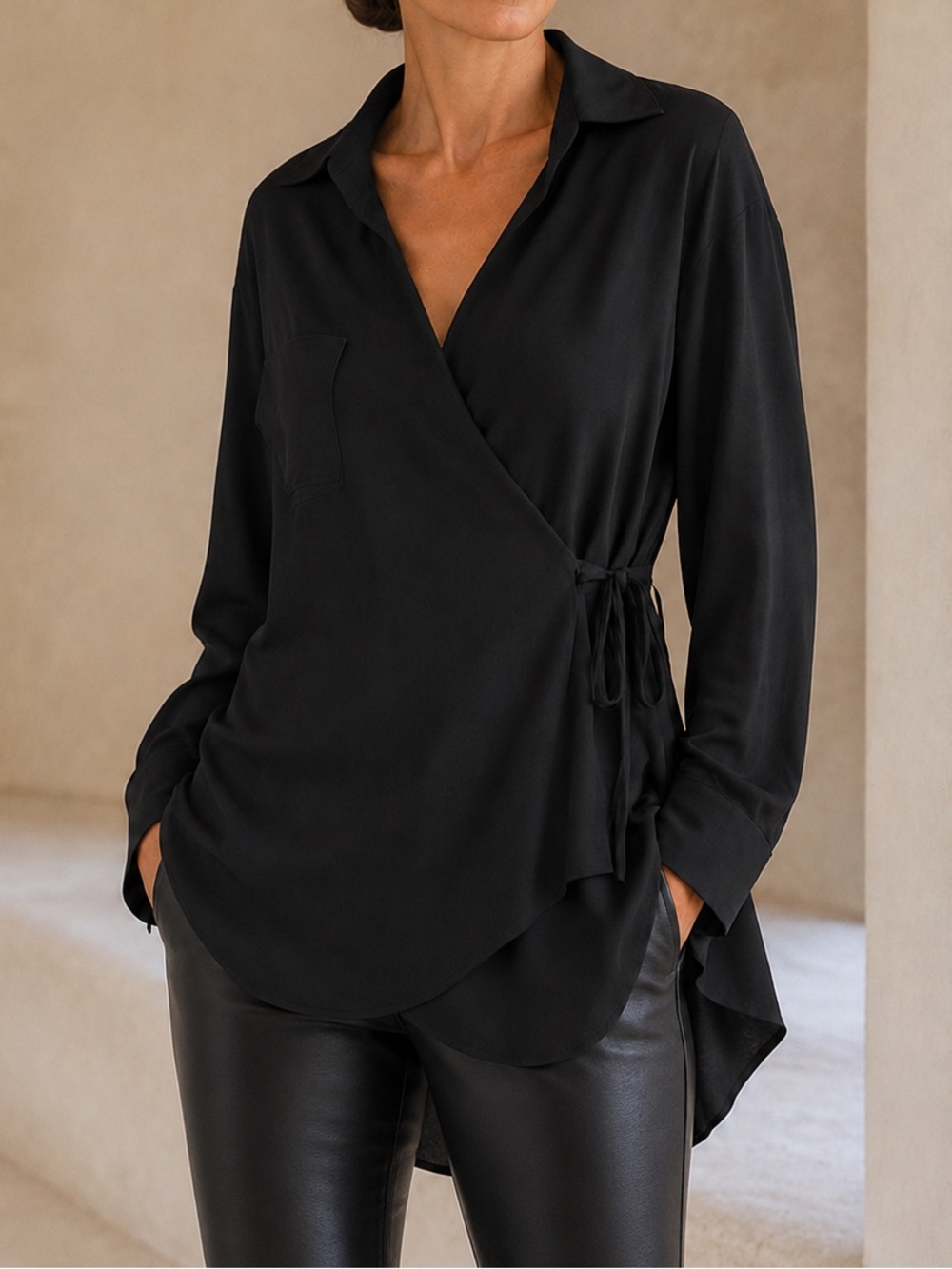 Massimo Dutti Black Wrap-Front Blouse with Side Tie
